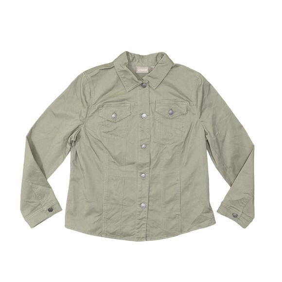 Chico's Green Cotton Blend Button Jacket Size 2 Long Sleeve Solid - Picture 1 of 7